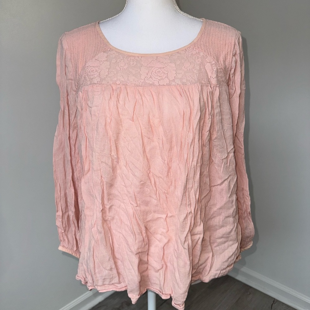 American Eagle Pink Lace‎ Yoke Peasant Blouse XL Long Sleeve Flowy Boho